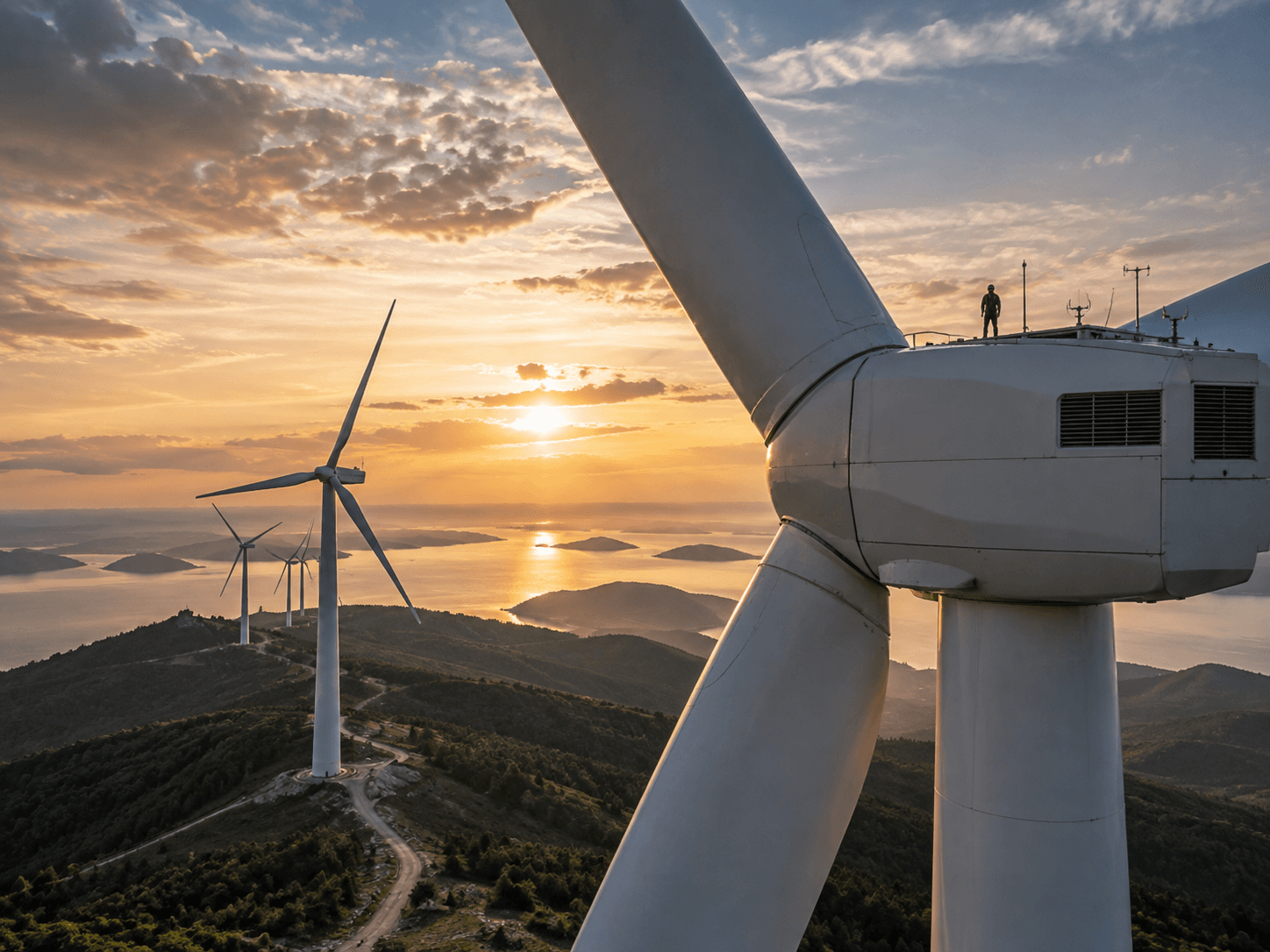 Wind turbines at sunset